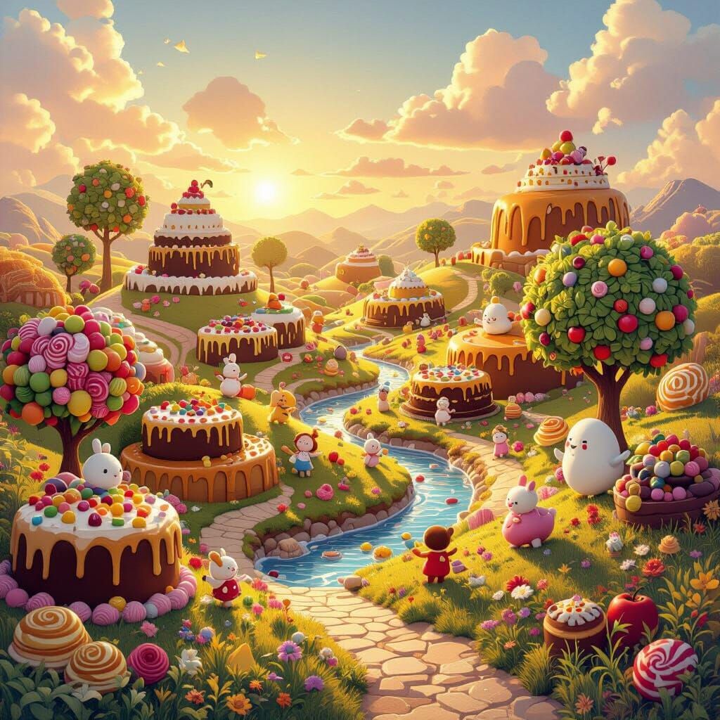 Whimsical Food World Landscape with Candy Trees