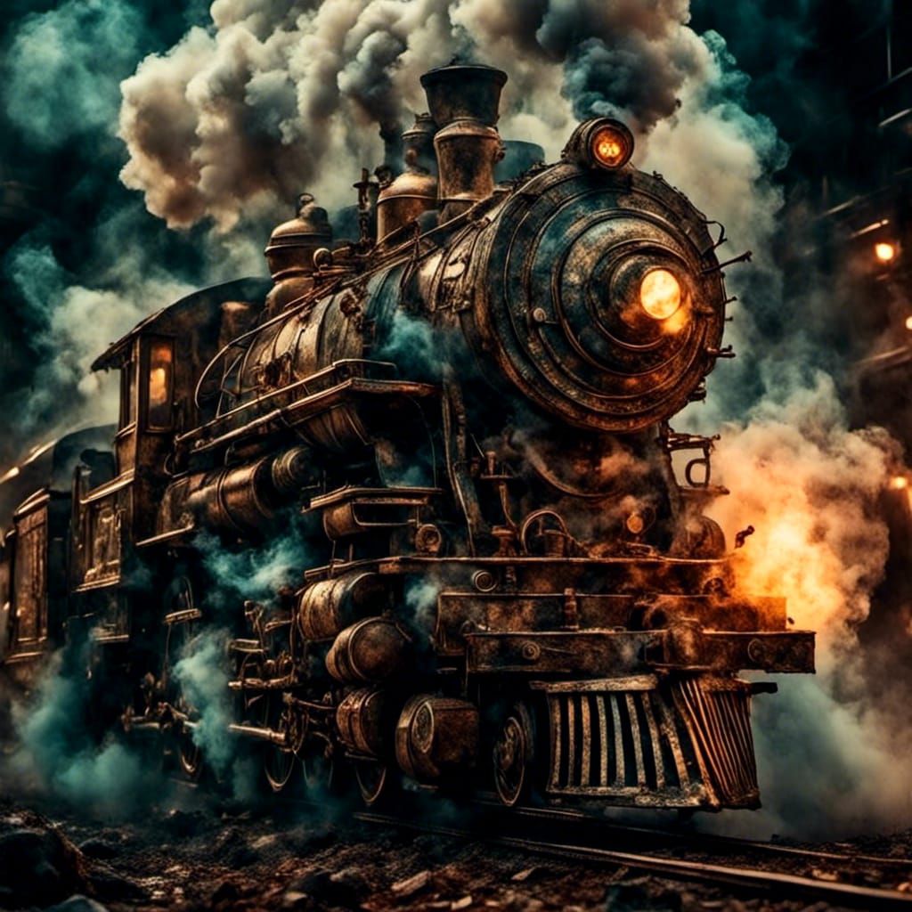 Steampunk Woman with Cigar by Train Engine