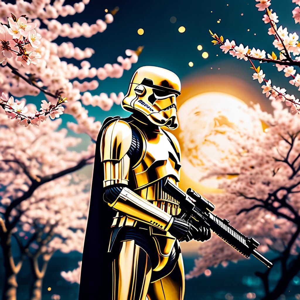 Golden Stormtrooper Overlooks Cherry Blossom Moon