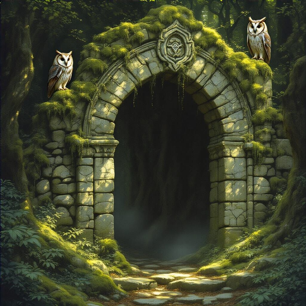 Enchanted Forest Archway with Owl, Mystical Art