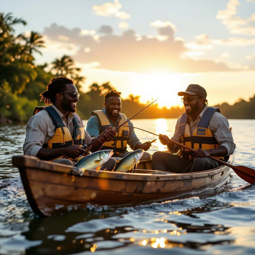 Black People Fishing Joyfully in Canoe at Golden Hour