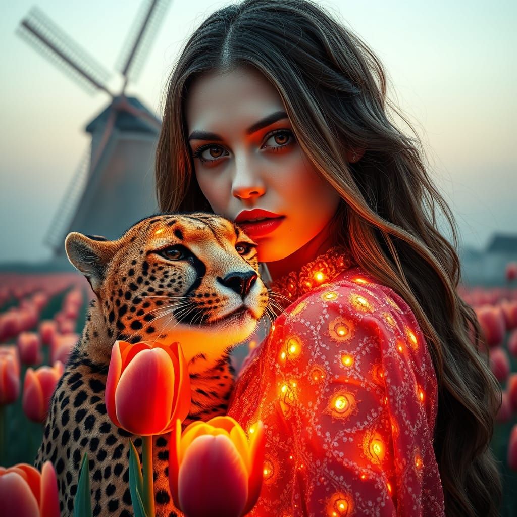 A serene beautiful woman and her cheetah around tulips field...