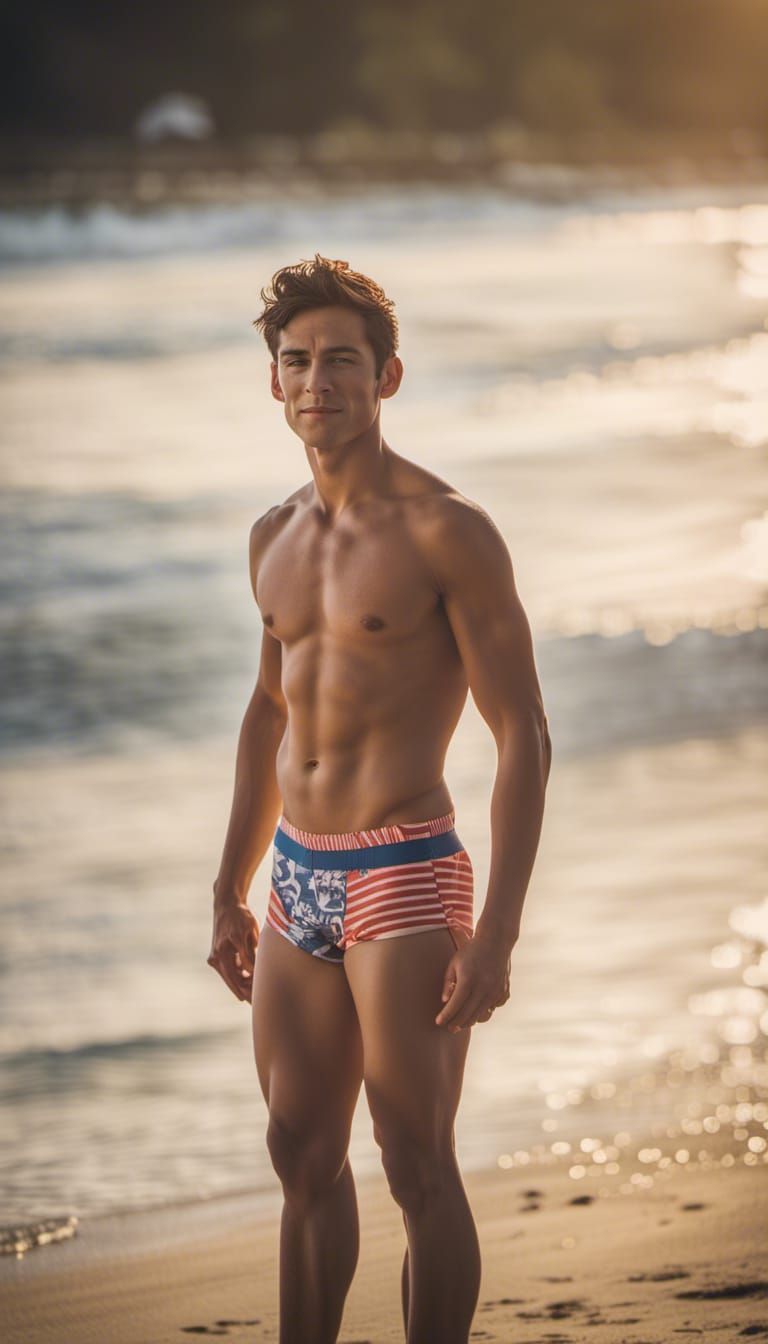 Shirtless Man in Speedo on Sunny Beach as 3D Art