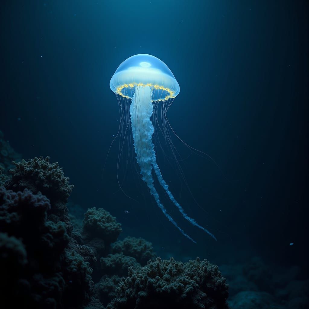 Bioluminescent Jellyfish Drifting Through the Deep Sea