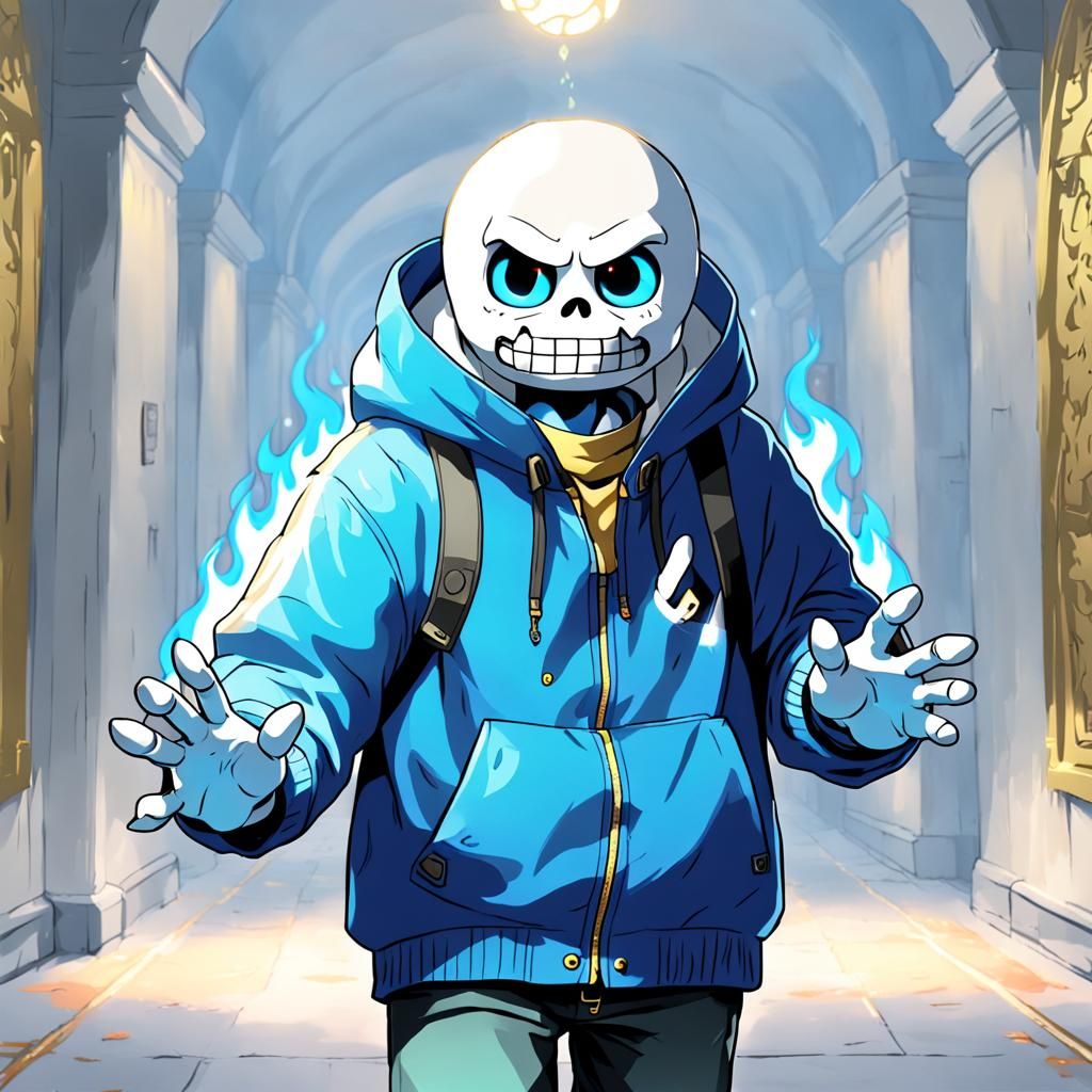 Sans with Flaming Eye in Golden Corridor