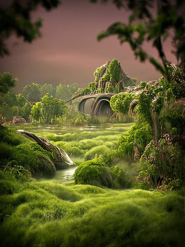 Eerie Abandoned Swamp with Toxic Stream, Digital Art