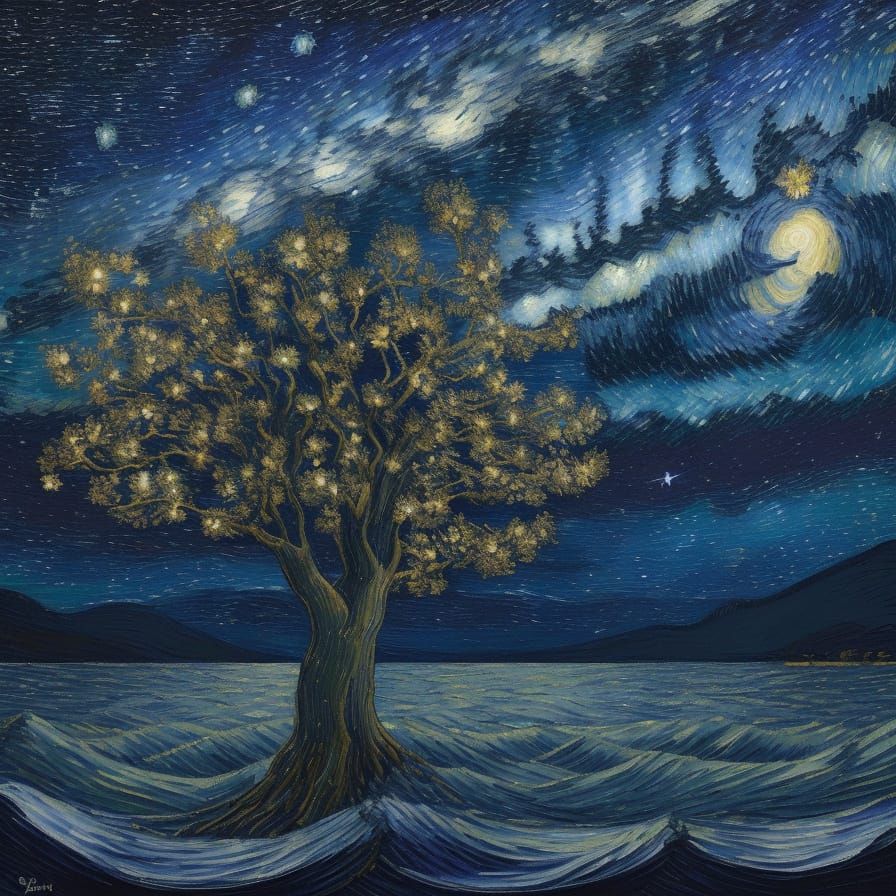 Starry Night Sky with Cosmic Trees in Van Gogh Style