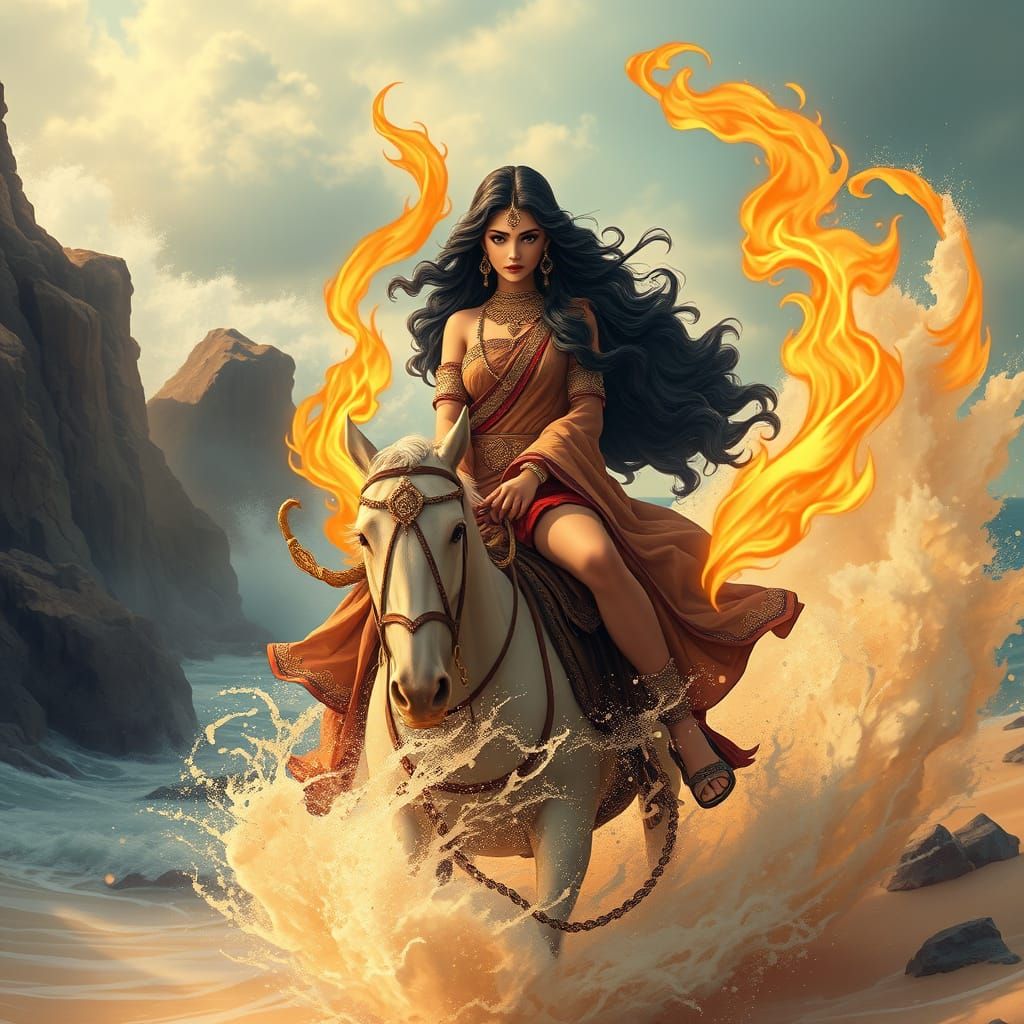 Regal Noblewoman Rides Majestic Horse Amidst Turbulent Coast...