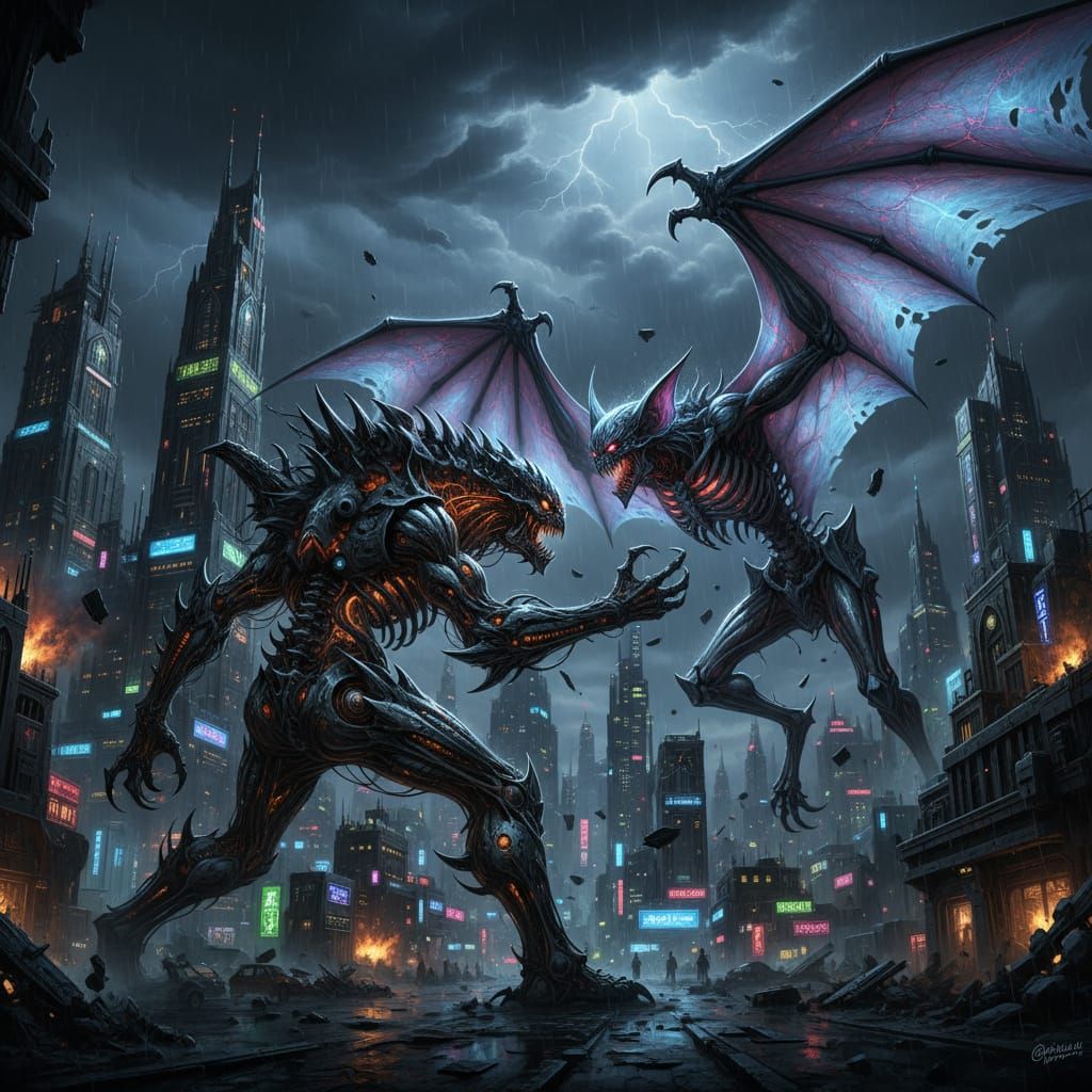 Giant Monster vs. Colossal Bat in Stormy Cityscape