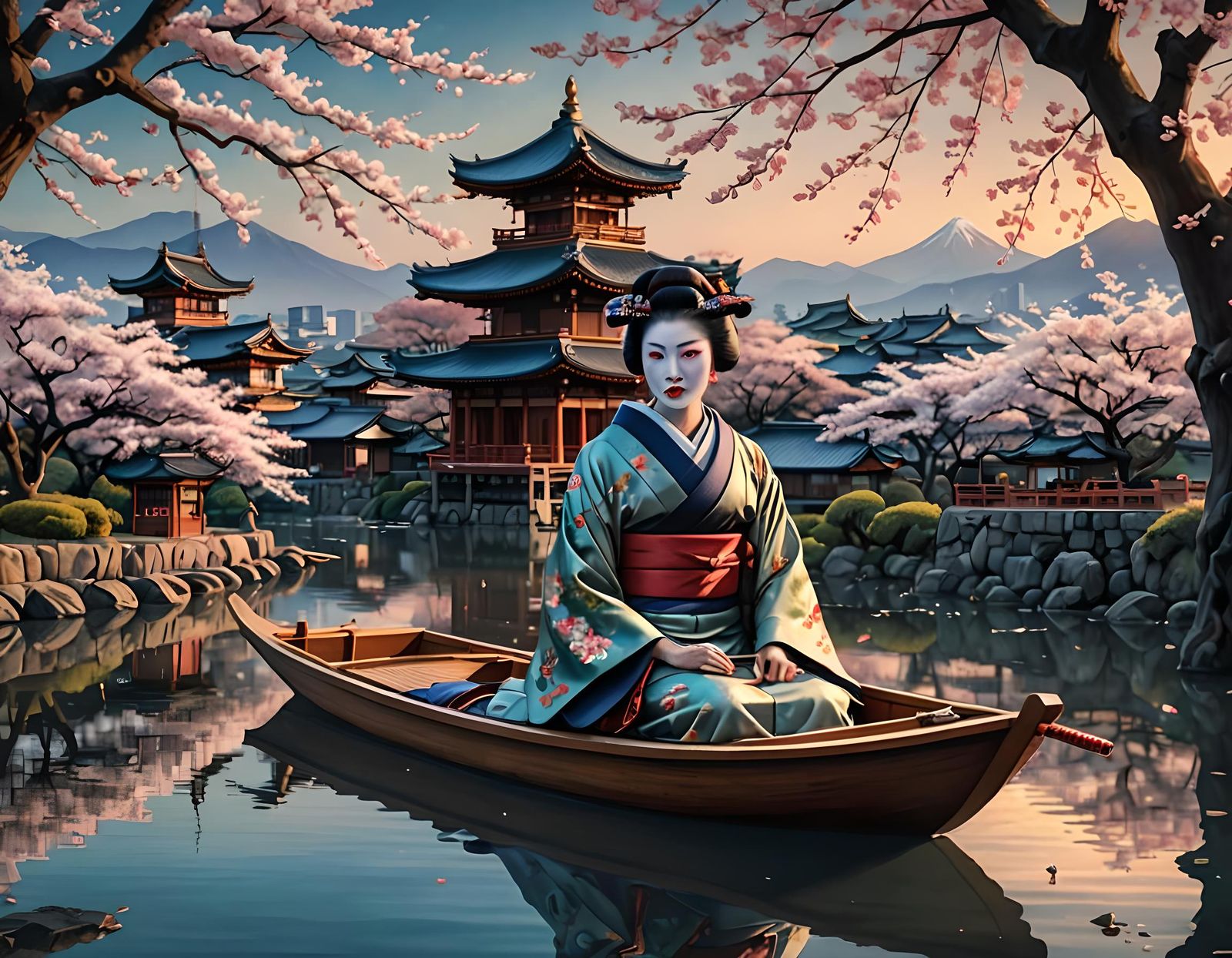 Geisha and Samurai on River: Surrealist Pencil Art