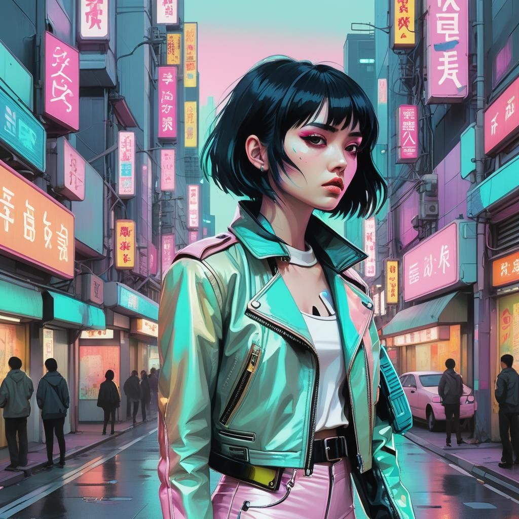 Cybernetic Goth Girl in Neo-Tokyo: Retrofuturism Illustratio...