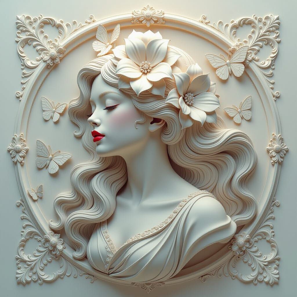 Woman with Flowers: Bas-Relief in Digital Art Style