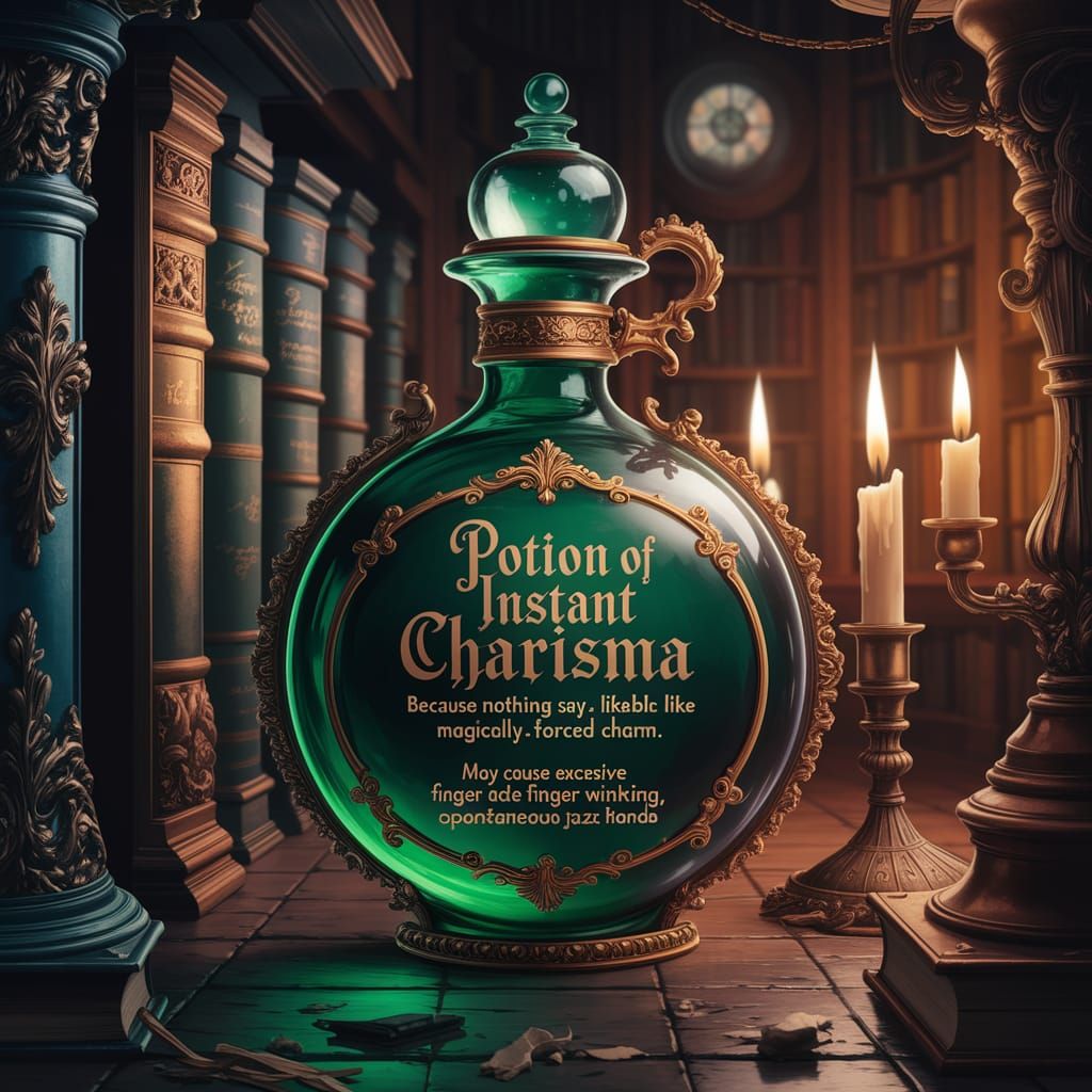 Mystical Bottle of Instant Charisma in Ancient Library
