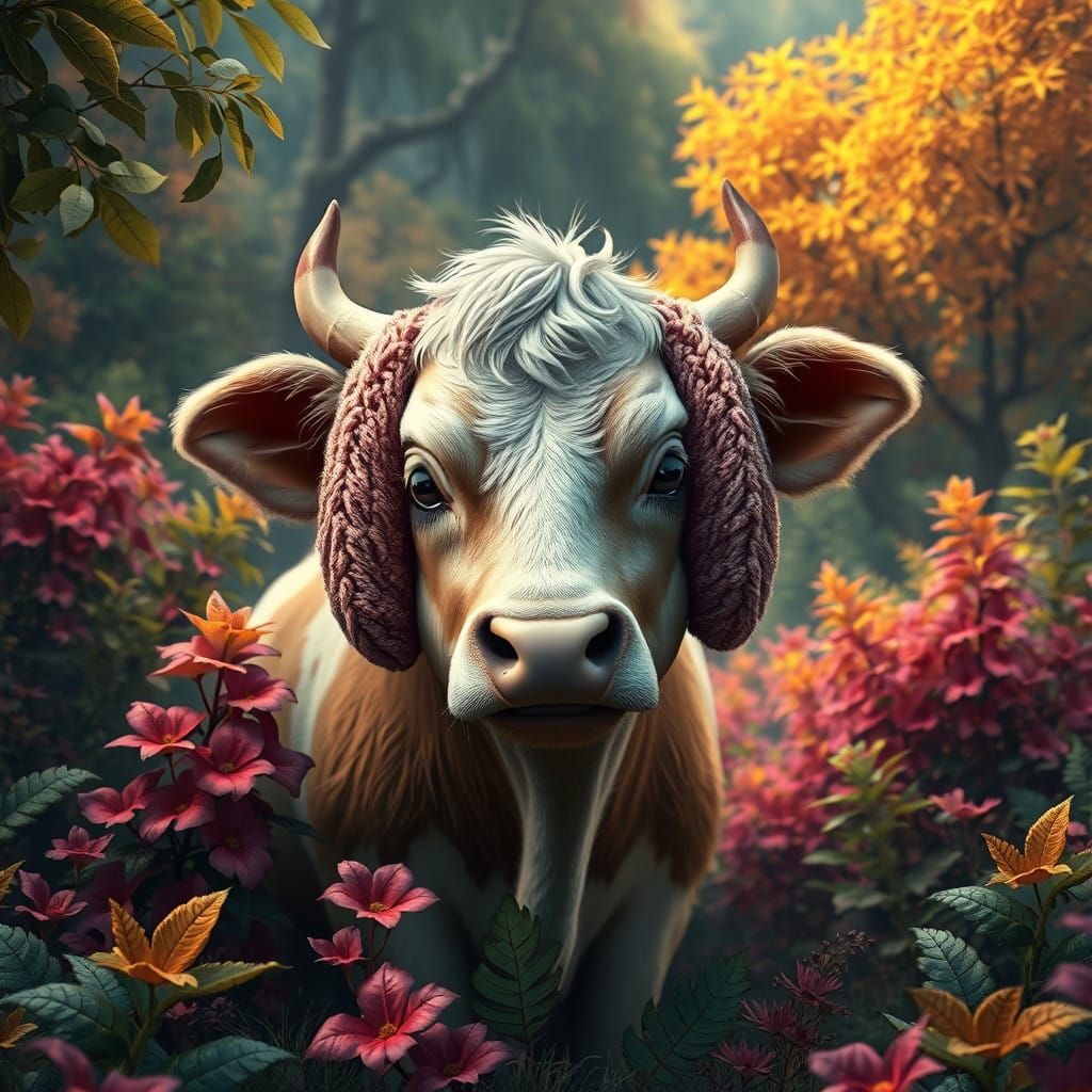 Whimsical Cow in Enchanted Landscape