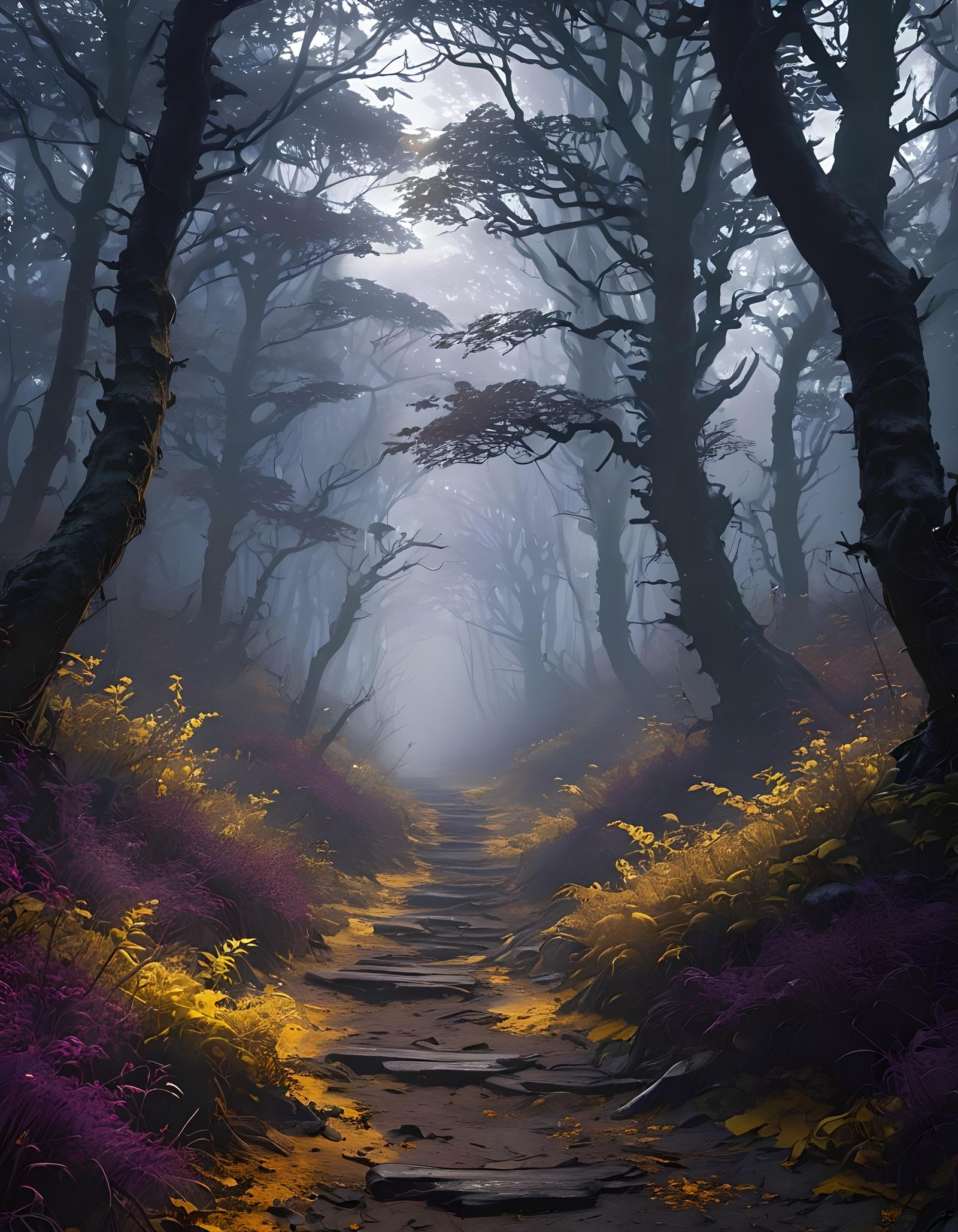 Eerie Grimdark Forest Path with Glowing Eyes