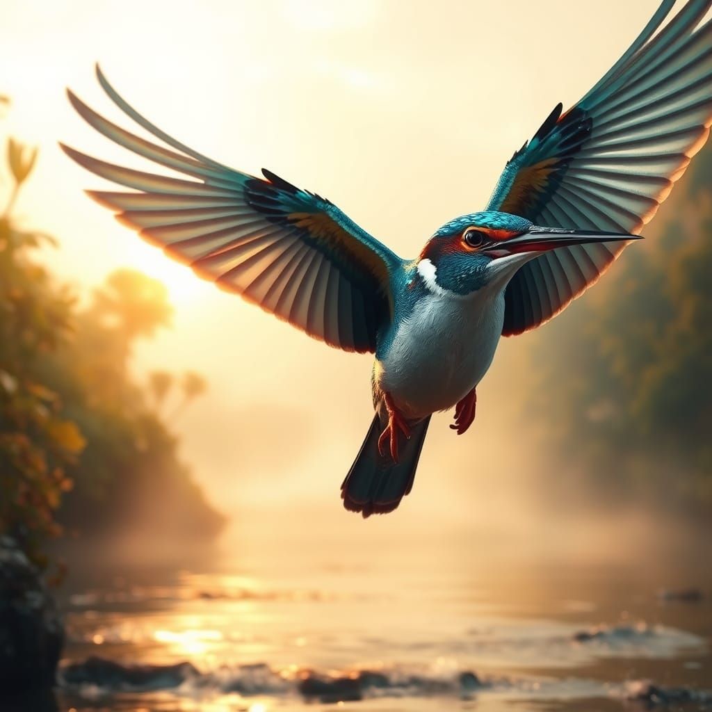 Iridescent Kingfisher Soaring at Dawn