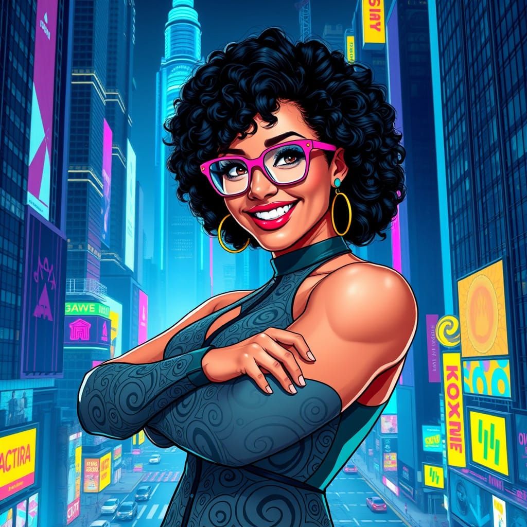 Confident Latina Woman in Cyberpunk Cityscape
