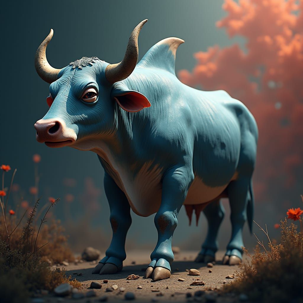 Hyperrealistic Shark-Cow Hybrid in Dreamlike Setting