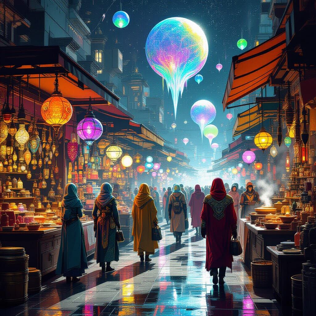 Bustling Alien Marketplace on Venus in Futuristic Style