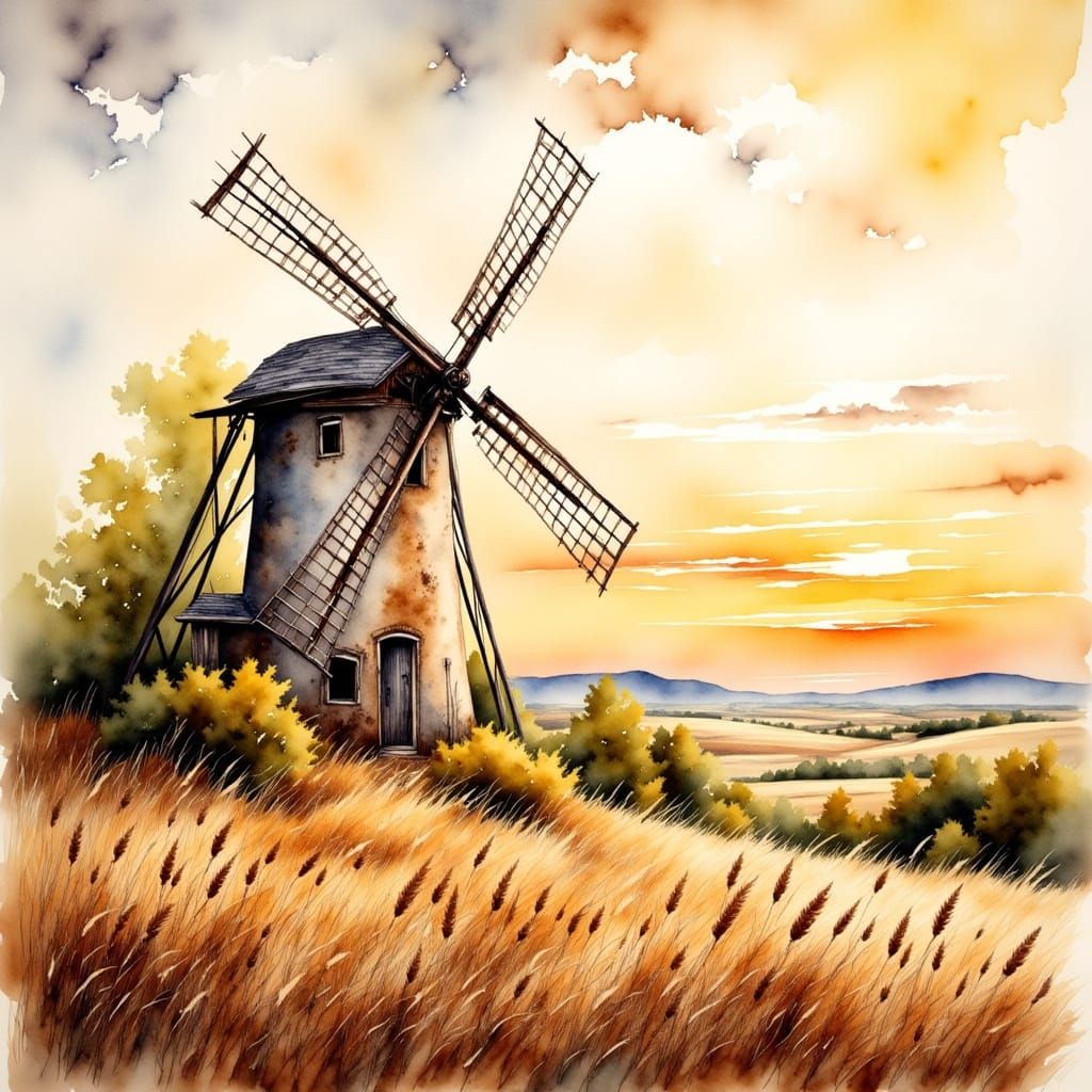Surreal Windmill Landscape at Golden Hour in Watercolor Styl...
