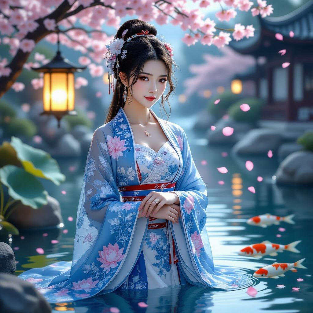 Asian Maiden by Koi Pond in Hyperrealistic Style