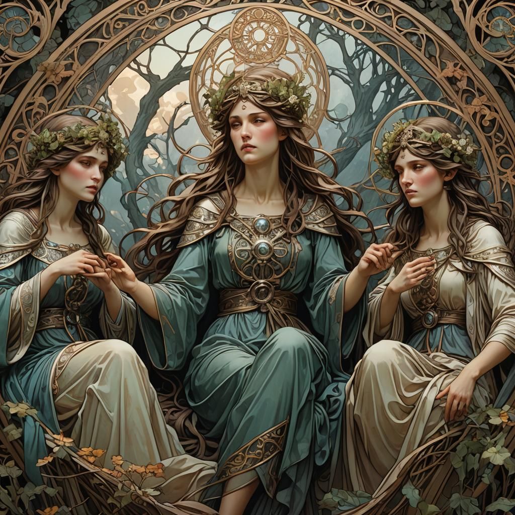 Norse Norns Triptych in Art Nouveau Style