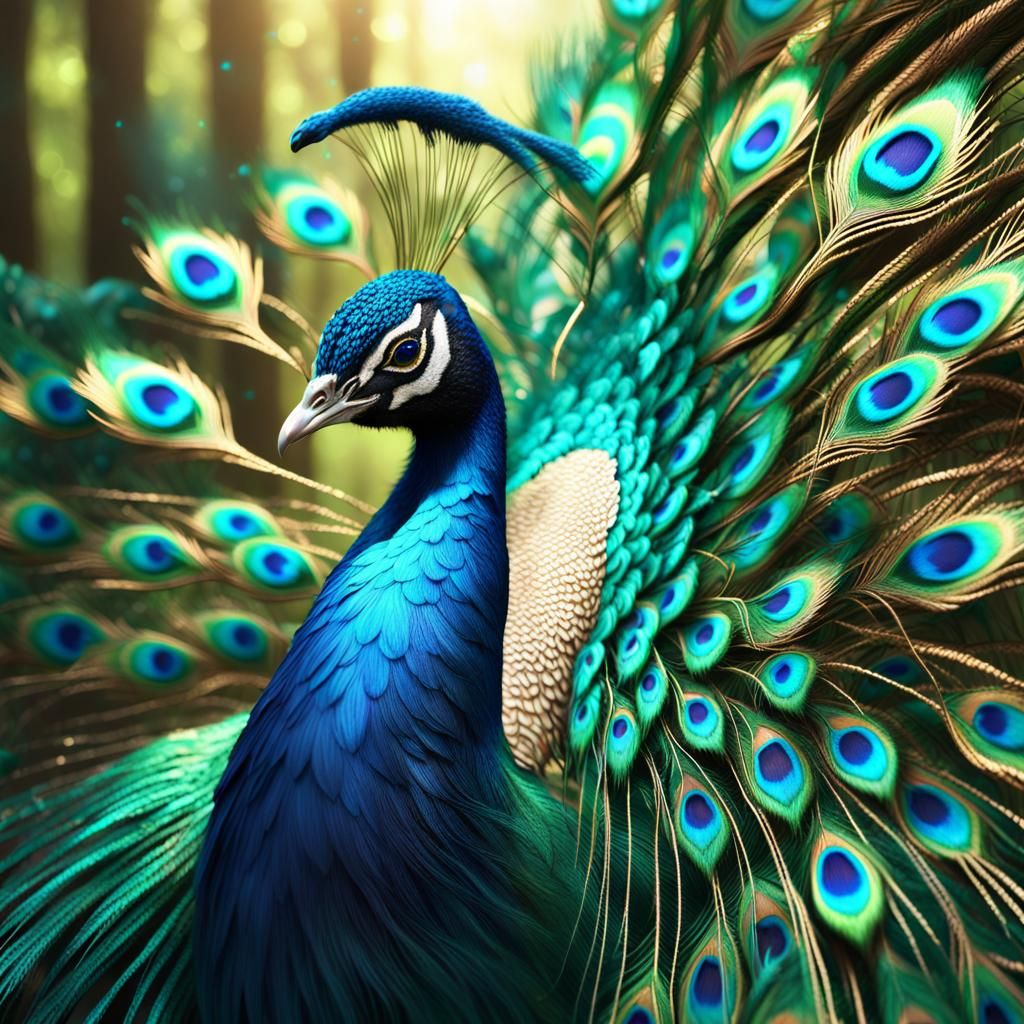 Majestic Peacock Spreads Tail Feathers in Anime Style