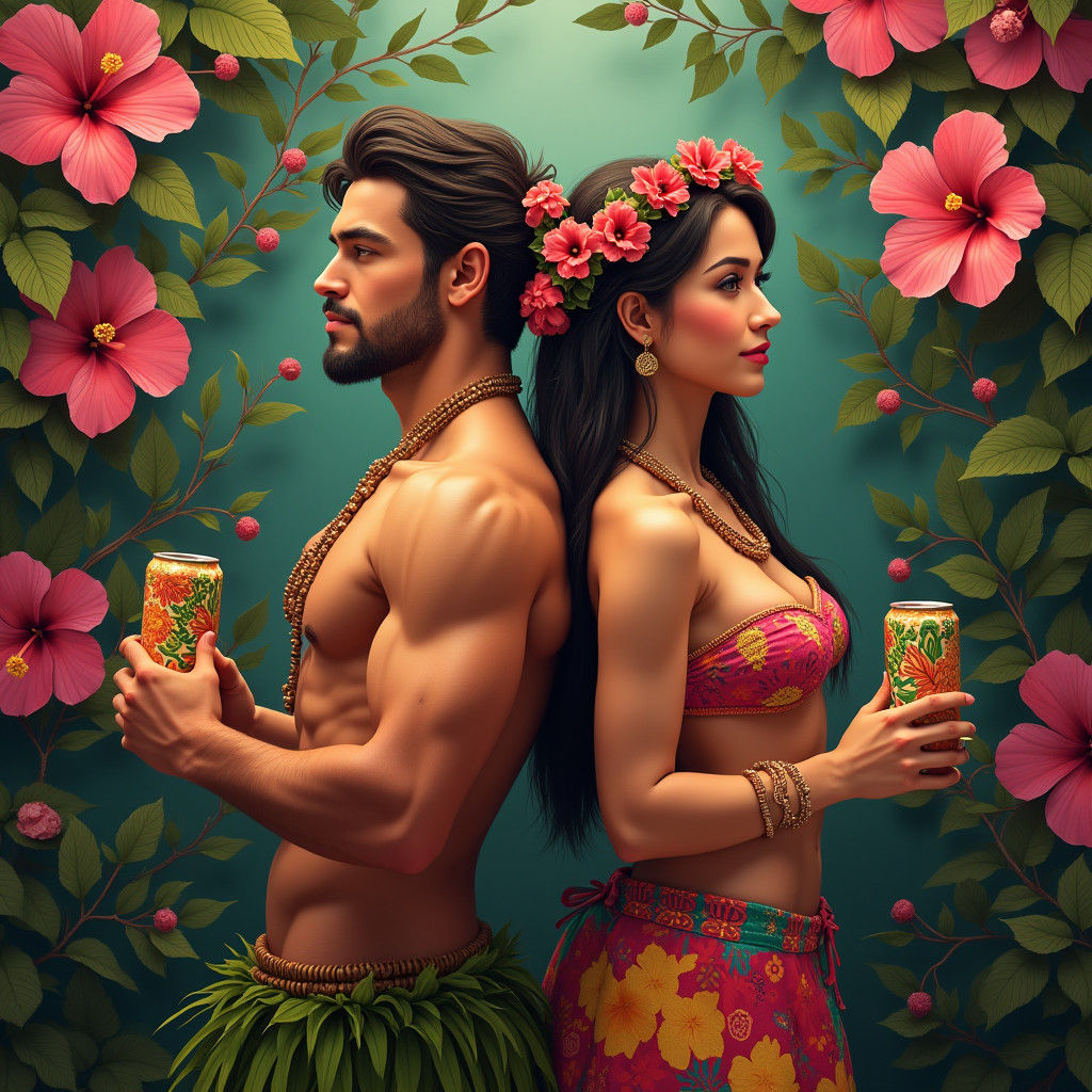 Hawaiian Hula Dancers with Cans: Matte Painting Style
