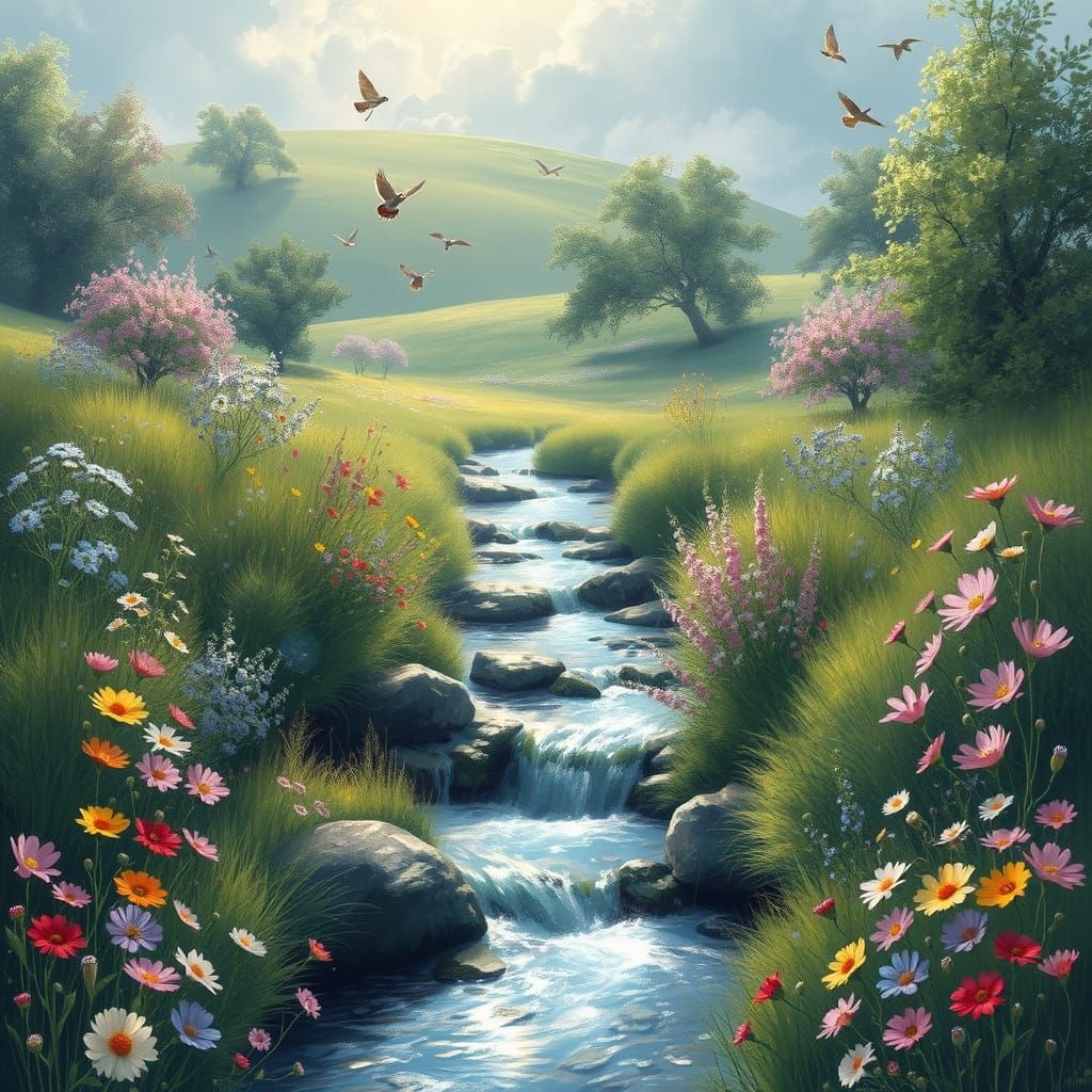 Breathtaking Floral Landscape with Singing Birds and Butterf...