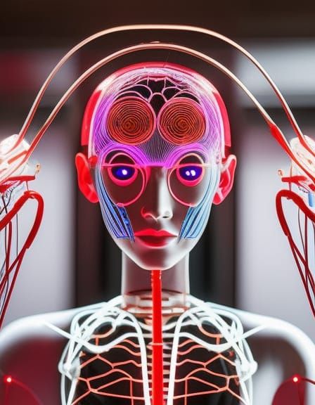 Bio-Mechanical Girl and Reflection in Lab Mirror