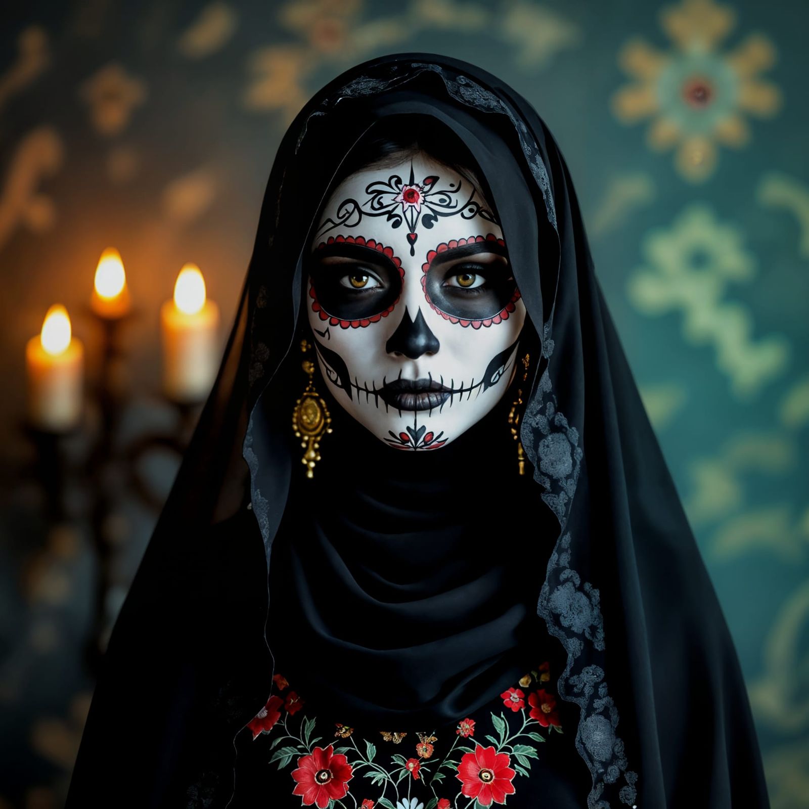 Catrina Portrait with Hijab, Dia de los Muertos Candlelight