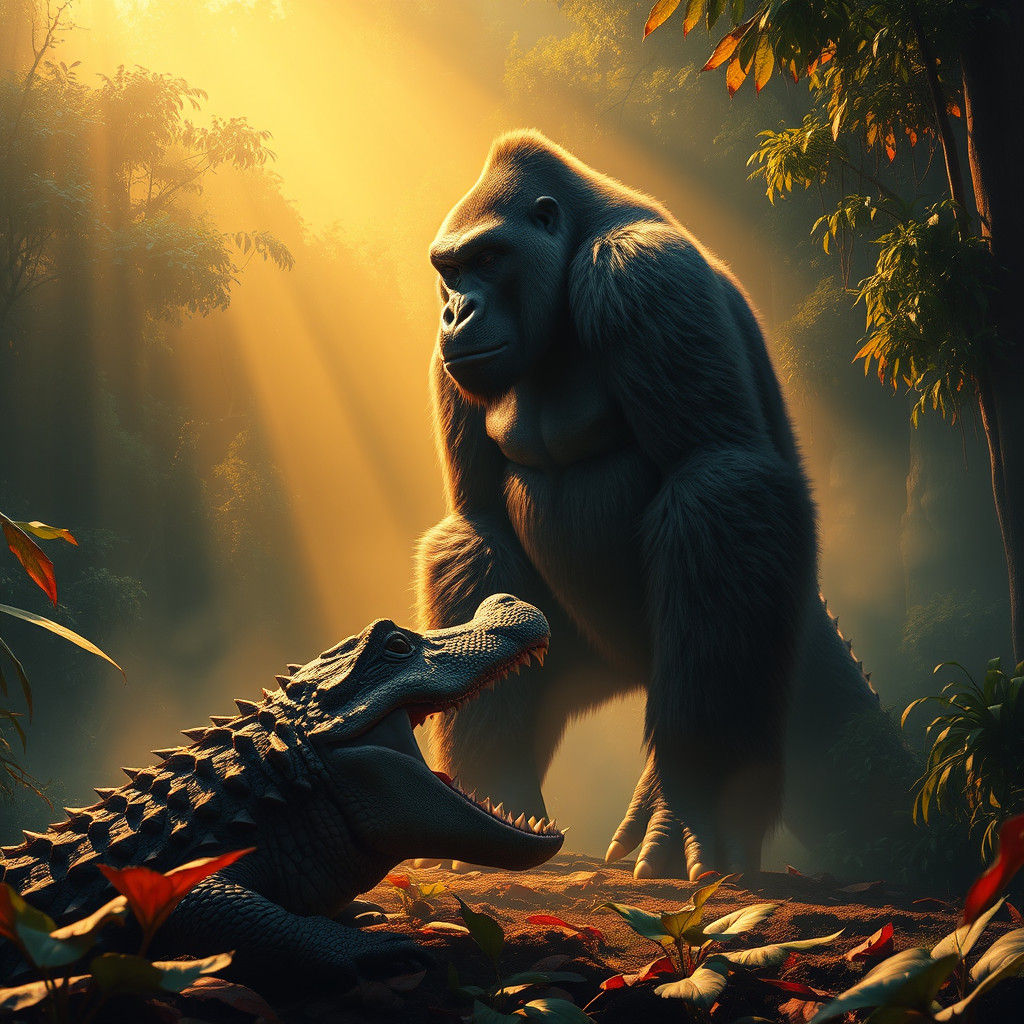 Gorilla vs Alligator in Primeval Fantasy Landscape