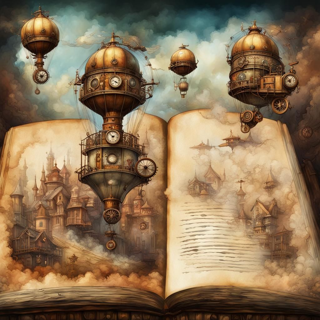 Steampunk Airship Over Countryside in Watercolor Style