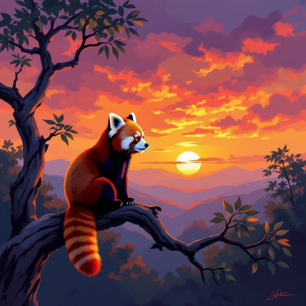 Red Panda Watches Fiery Sunset in Painterly Style