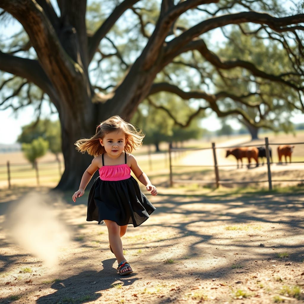 Little Girl in Black and Pink Sundress Under Sunny Oak Tree