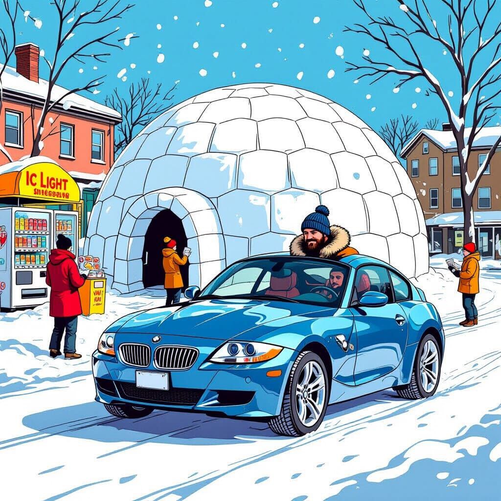 French Canadian Man Drives to Igloo: Whimsical Illustration