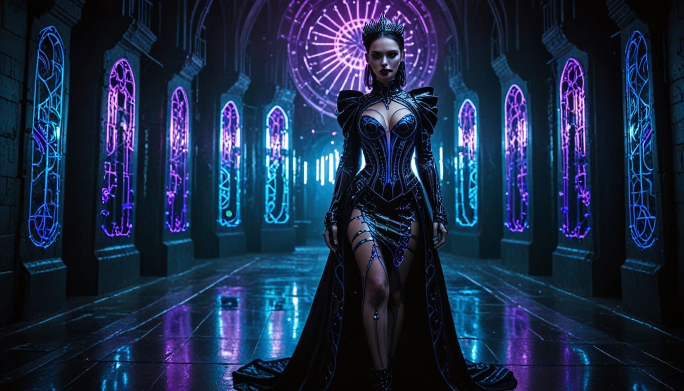 Cyber Gothic Vampire Queen in Futuristic Castle