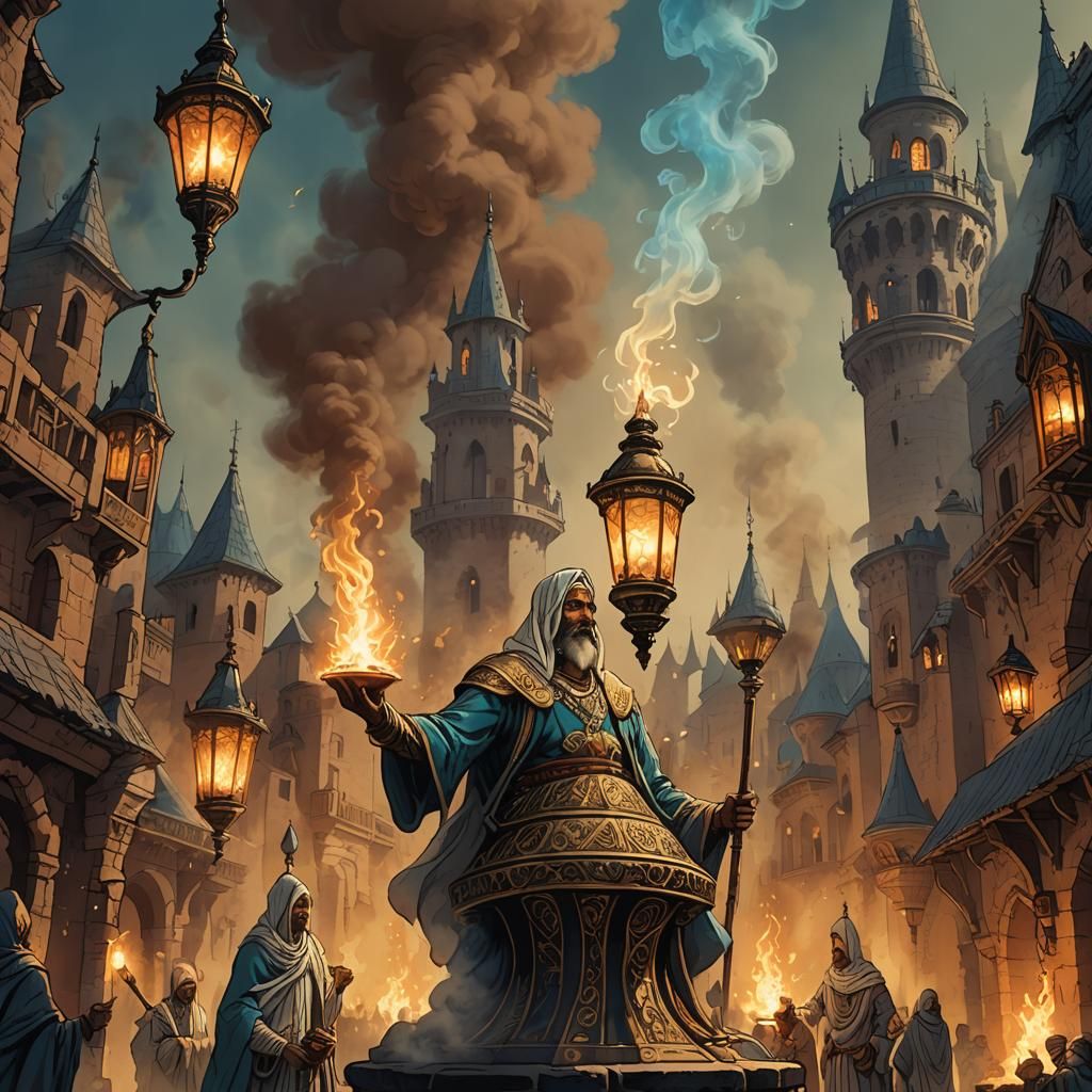 Efreet Manifesting from Djinn Lamp in Retro Style