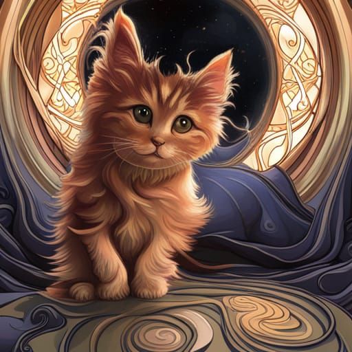 Fluffy Kitten with Art Nouveau Borders