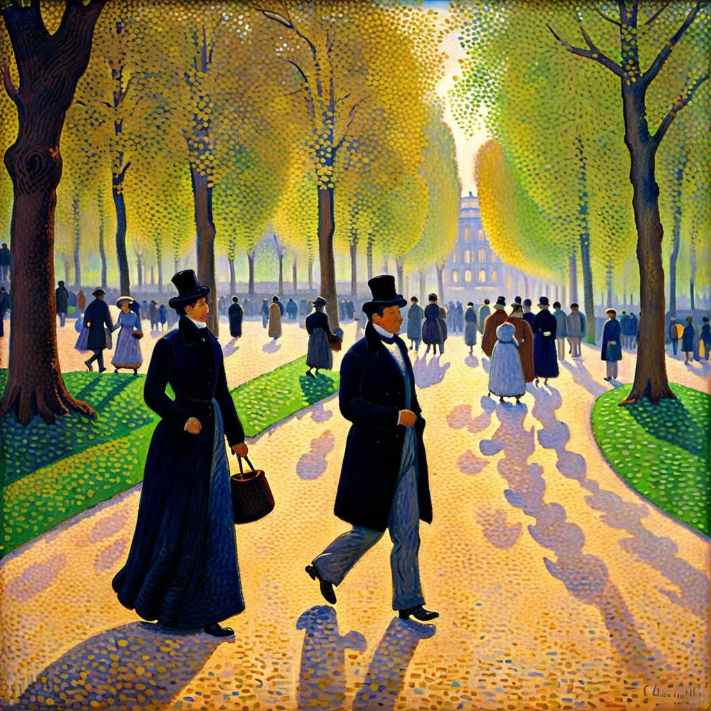 Central Park Walkers in Spring: A Pointillist Impression