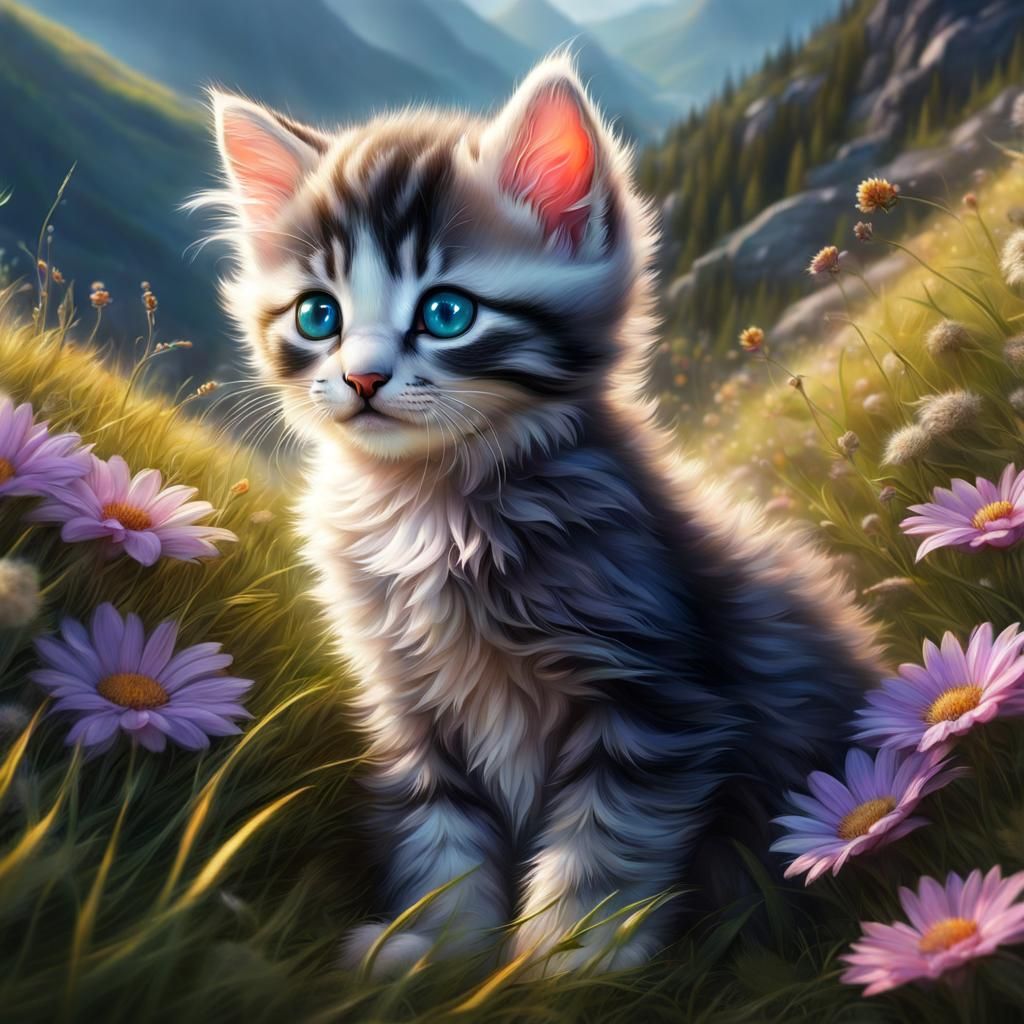 Kitten in Mountain Meadow: Detailed Matte Painting