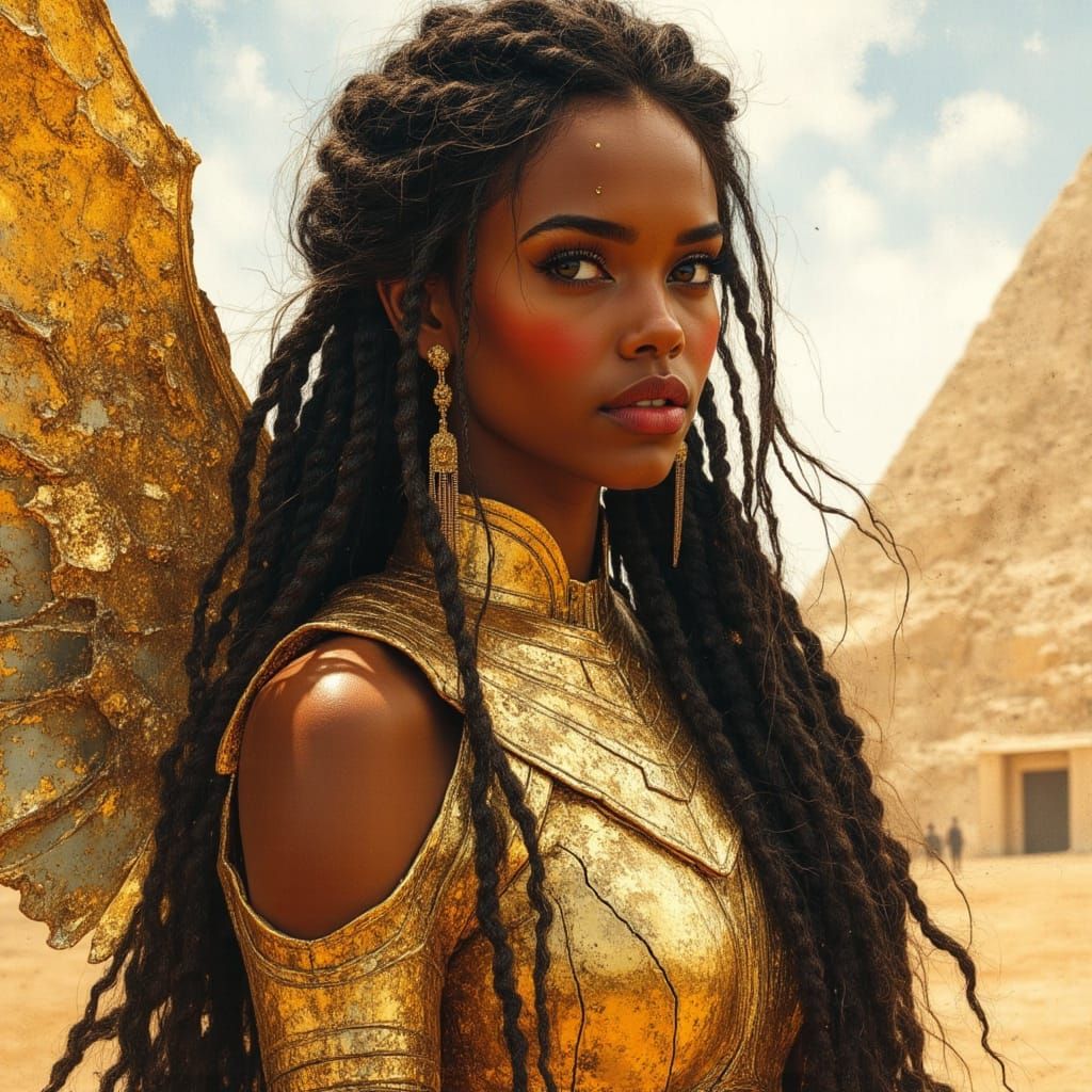 African Warrior Goddess in Gold Armor, Futuristic Egypt