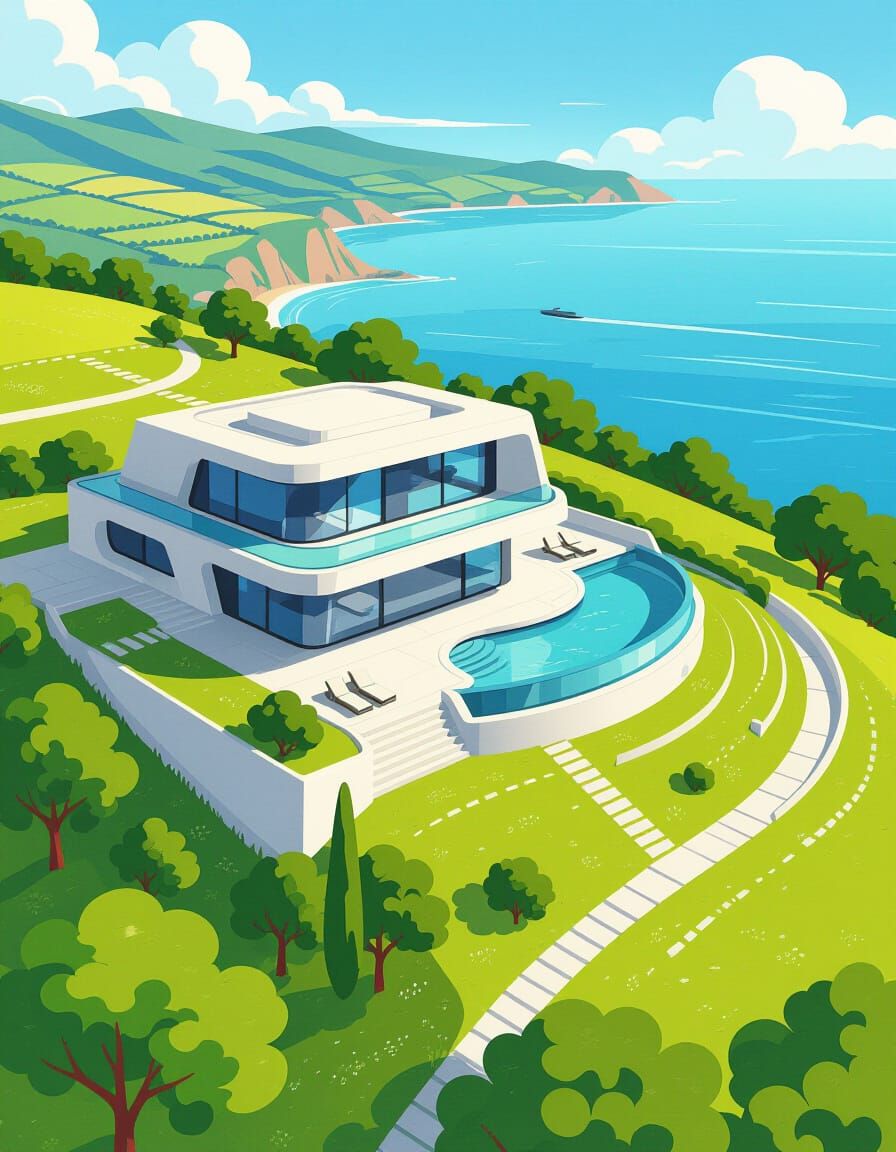 Futuristic Seaside Home, Moebius Style Illustration