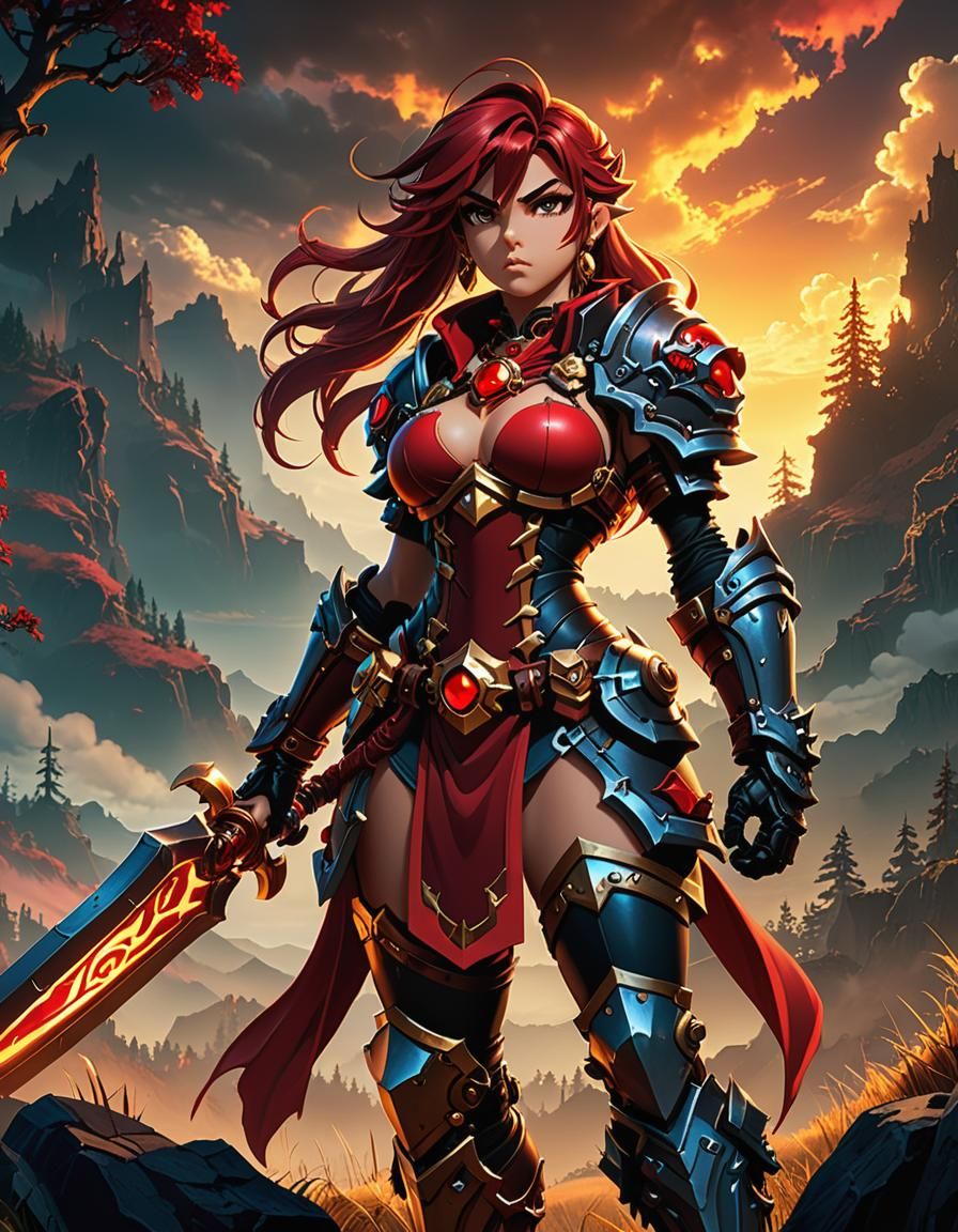 Red Monika in Dark Fantasy Armor, Digital Art