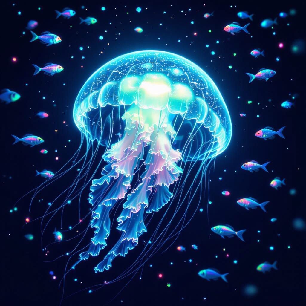 Bioluminescent Jellyfish Dancing in the Deep Ocean