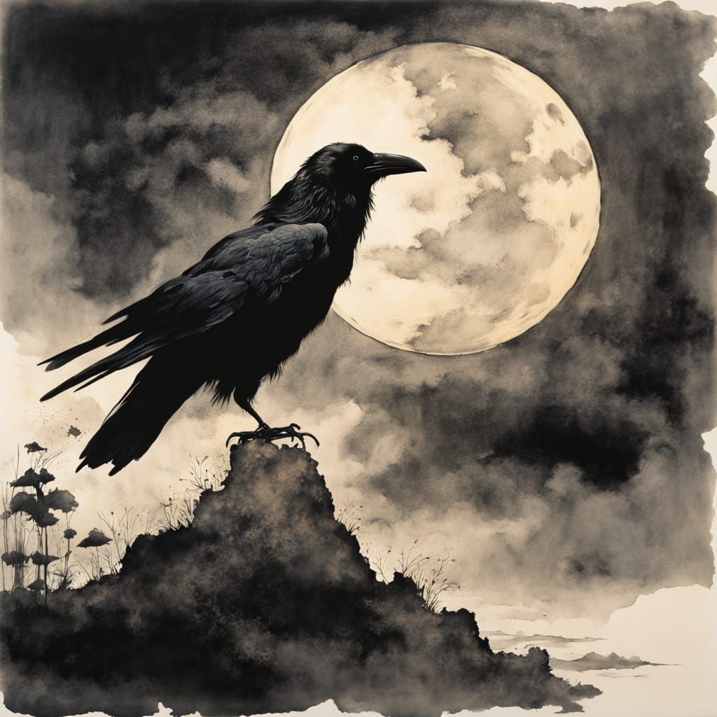 Ancient Raven Silhouetted Against Starry Night Sky