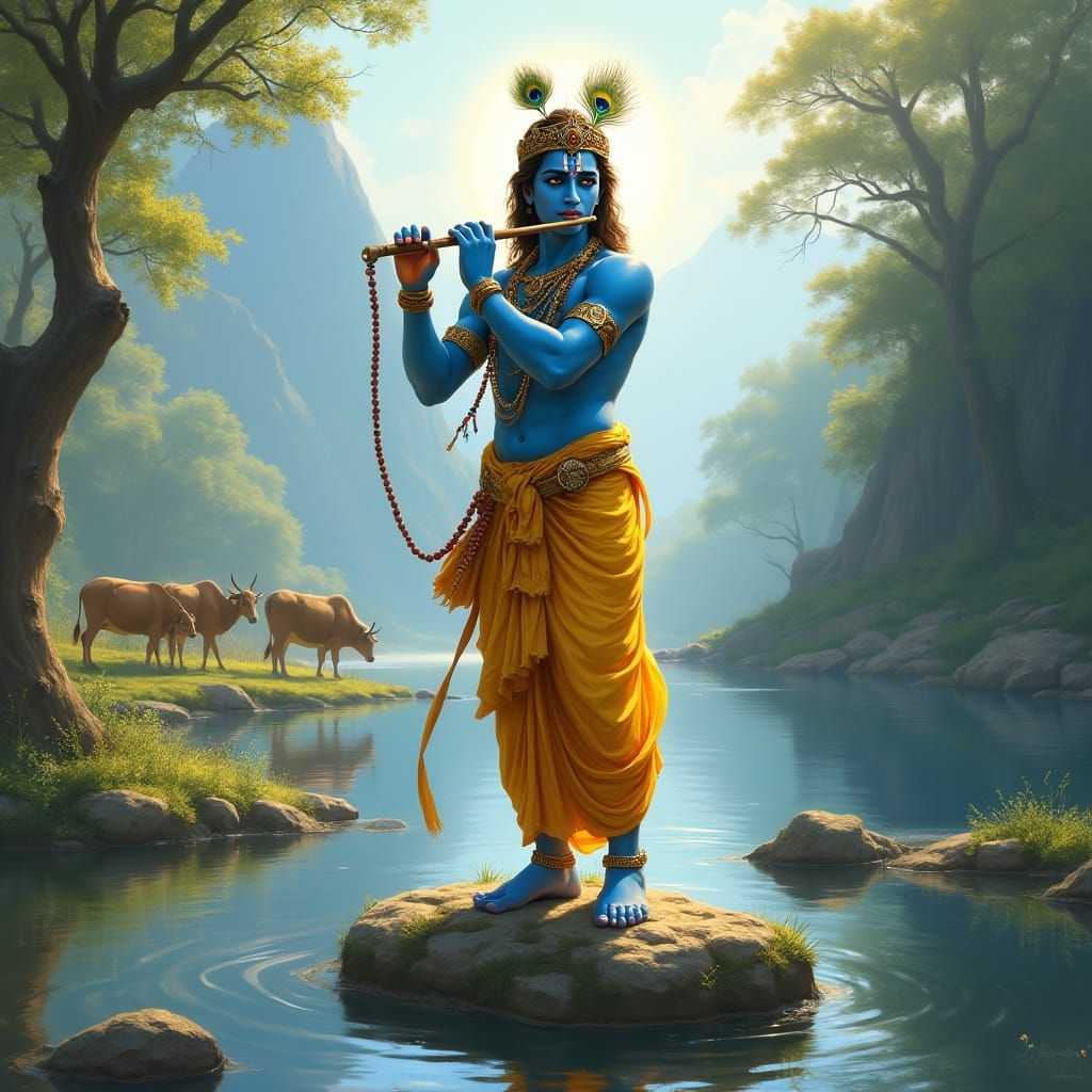 Krishna Playing Flute in Divine Fantasy Art
