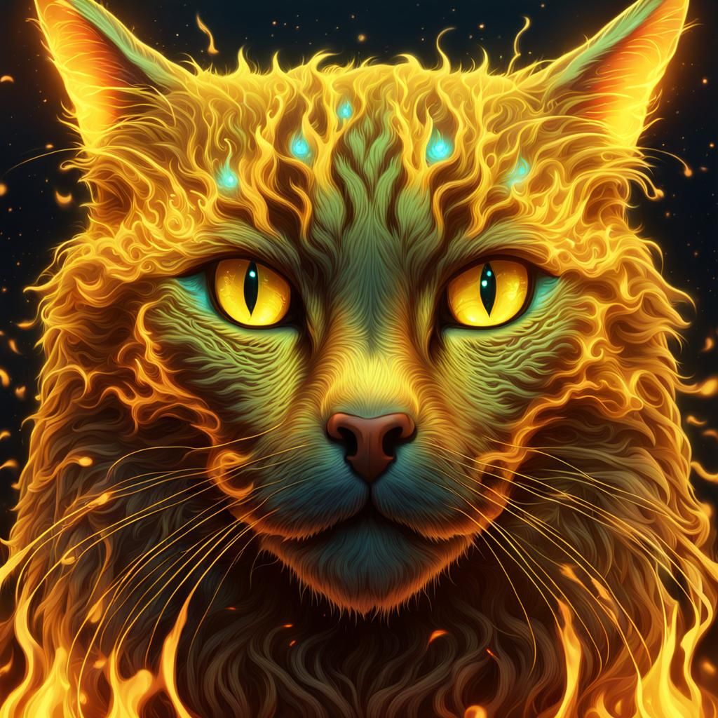 Bioluminescent Yellow Cat in a Detailed Digital Painting