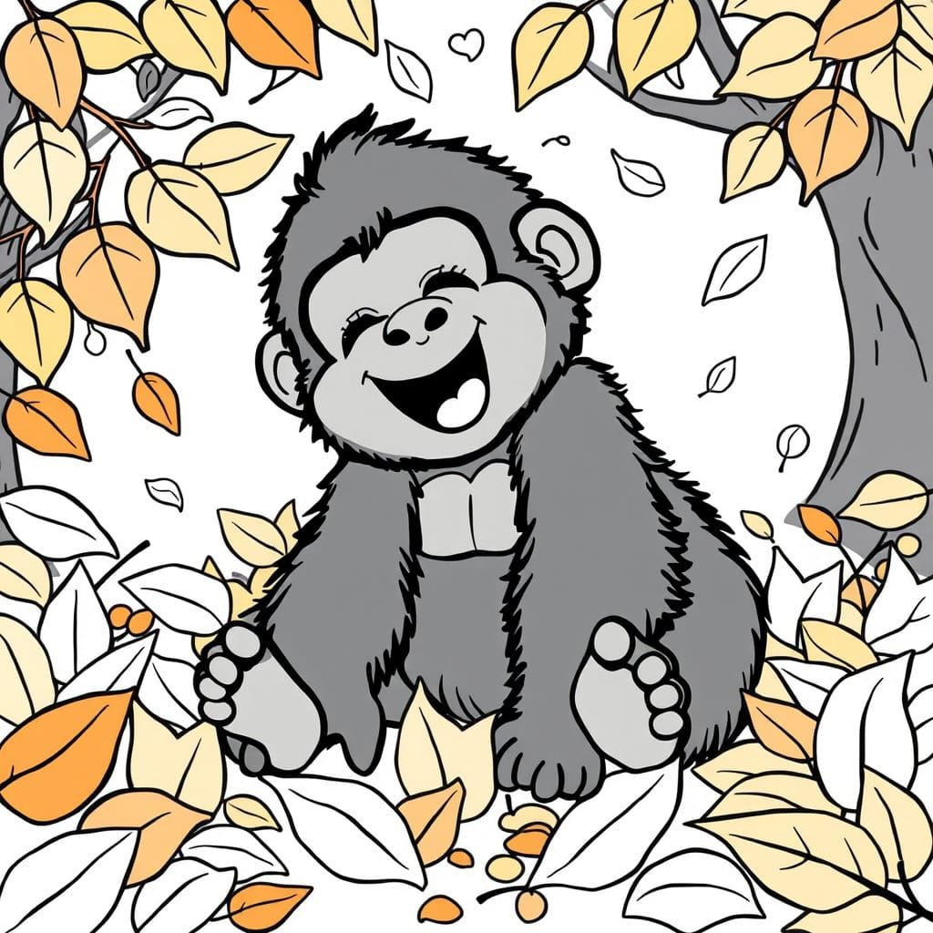 Cozy Baby Gorilla in Autumn Leaves Illustration
