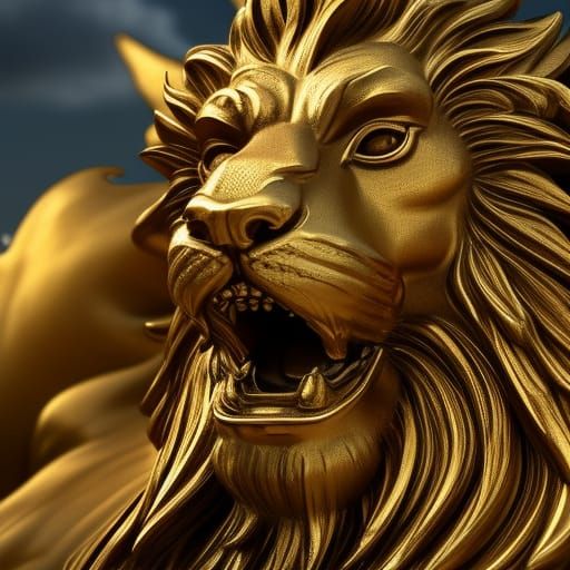 Elegant Gold Lion Statue in Fantasy Setting